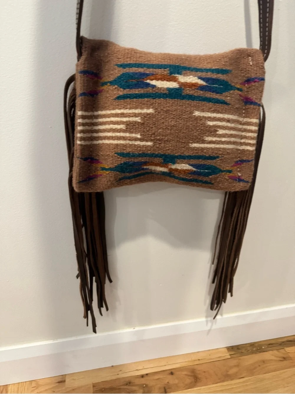Southwestern Woven Wool Blanket Fringe Crossbody Bag with Rhinestone Concho